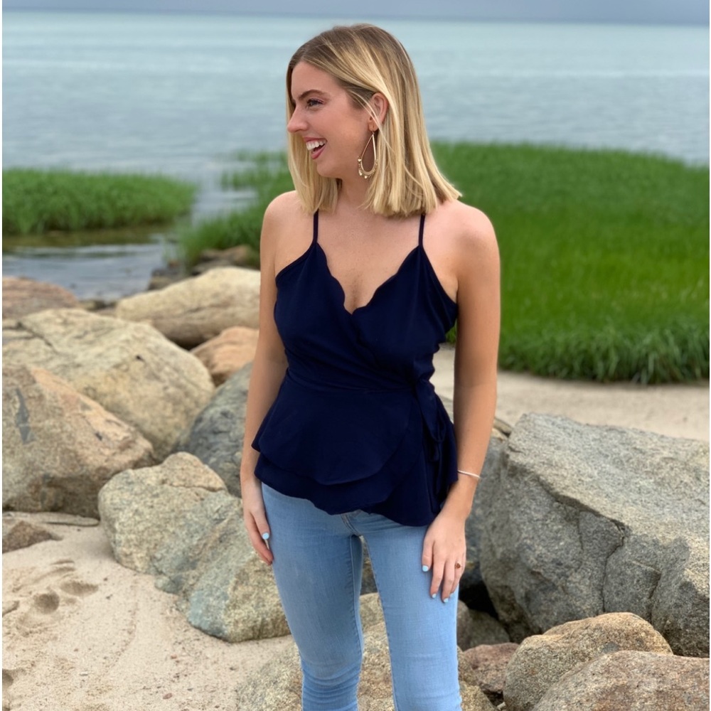 Navy Scalloped Wrap Blouse - Size Medium